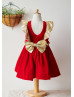 Ruffle Flutter Sleeves Red Velvet Gold Sequin V Back Flower Girl Dress